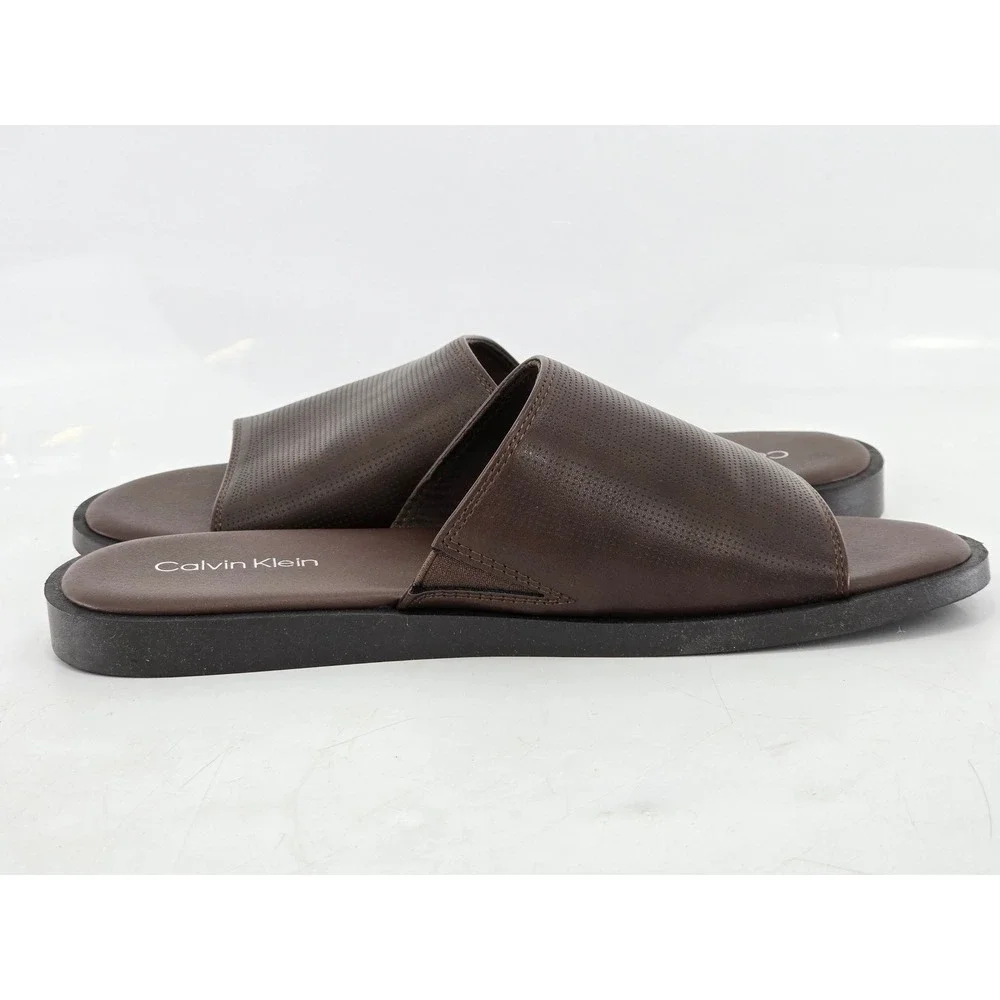 Calvin Klein Slide Sandals Mens Size 9 Brown Perforated Faux Leather -Excellent
